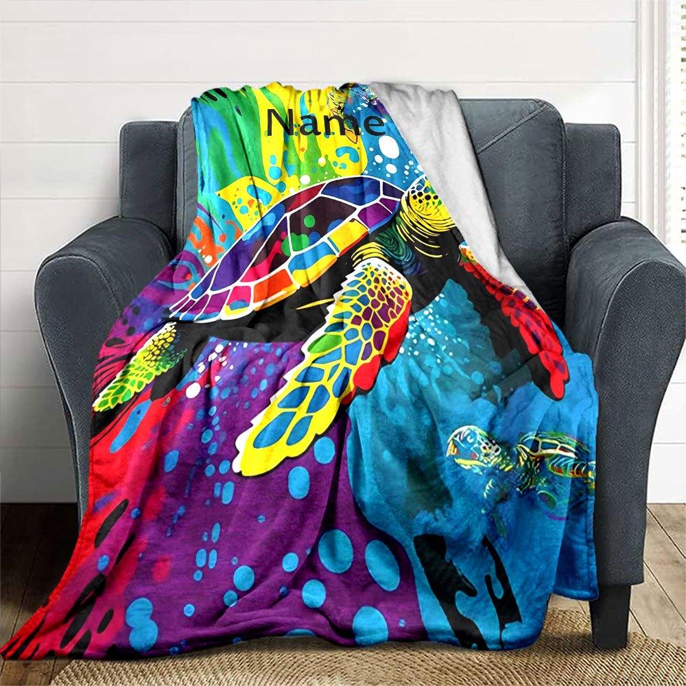 Vibrant Sea Turtle Art Throw Customizable Blanket Personalized Name Comfortable Suitable For Sofa Couch Office Bed Picnics Four Seasons Universal Cozy