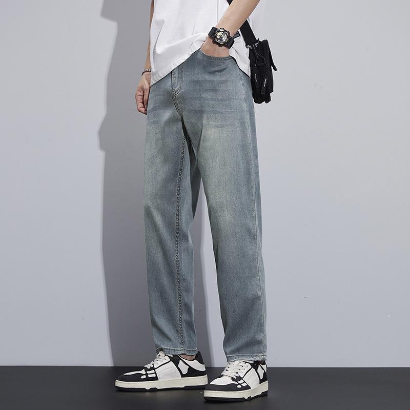 Tencel denim men's summer lightweight lyocell loose straight high-end soft trend versatile nine-point pants