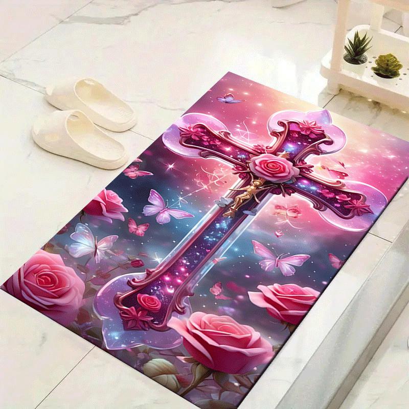 

1pc Rose Cross Print Design Area Rug - Soft, Anti-Slip, and Durable Gaming Room Decor for Bedroom 60cm by 90cm