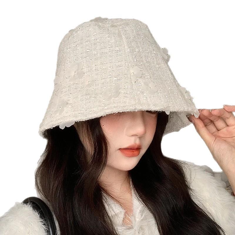Little Fragrant Style Cute Flower Fisherman Hat for Women In Autumn and Winter Windproof Face Small Pot Hat Korean Versatile Sweet Bucket Hat