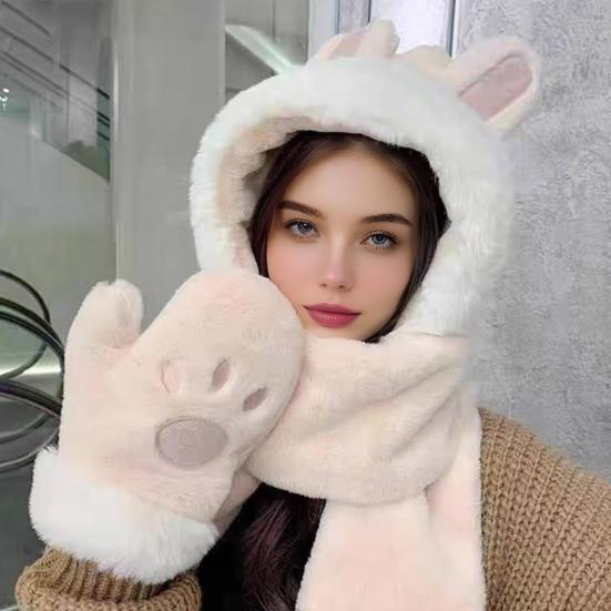 Women Hat Rabbit Ear Decor Thickened Warm 3 in 1 Hat Scarf Gloves Hiking Outings Shopping Winter Headwear
