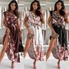 New Summer Fashion V-neck Printed Short-sleeved Dress With Waist And Wide Swing Skirt