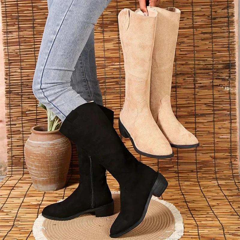 Fashion Pointed Toe Women Suede Motorcycle Boots Autumn 2024 Knee High Fashion Mid Heels Chunky Zipper Chelsea Boots Zapatos Mujer Boats