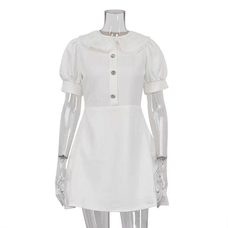

Western Style Doll Collar Short sleeve Slim fit Temperament Dress Doll Neck Short Sleeved Dress White S