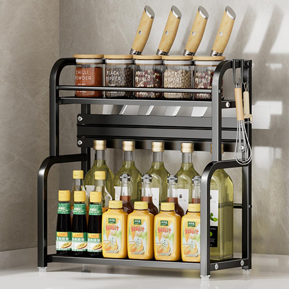 

40cm 2 Layer Kitchen Storage Rack Carbon Steel Spice Organizer with Removable Hooks Knife Holder