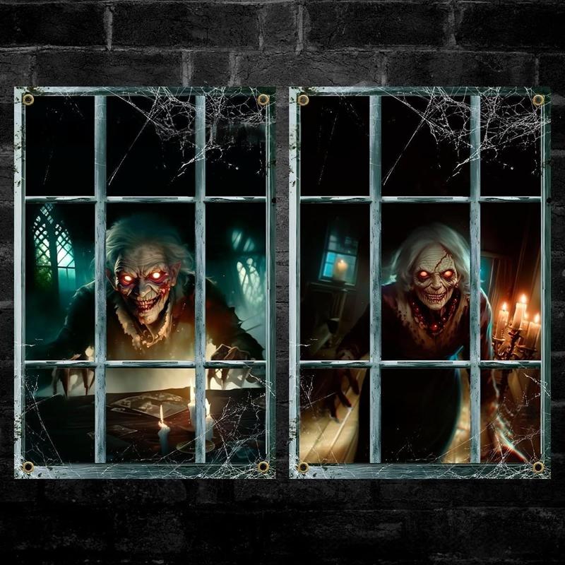 2-Piece Halloween Zombie Ghost Decor Bloody Window Scary Backdrop Outdoor Horror Hanging Cloth Spooky Party Supplies