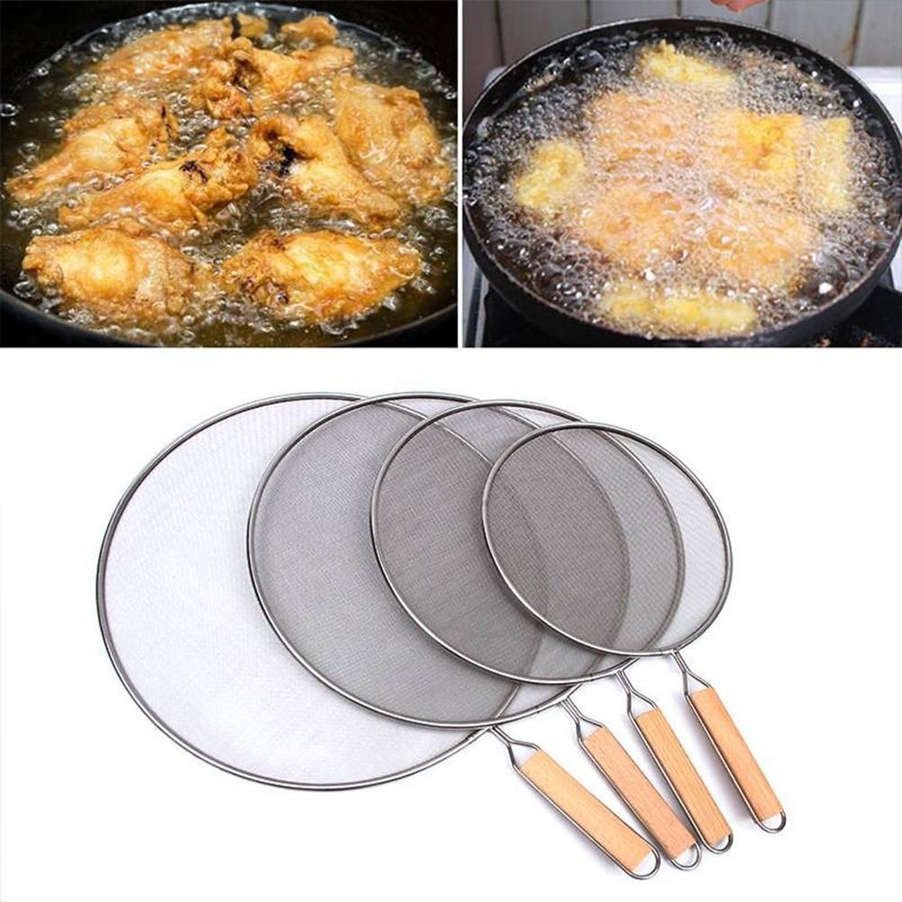 21-33cm Stainless Steel Oil Splash Screen Frying Pan Net Cover Kitchen Cooking Tools Multifunctional Screen Wooden Handle