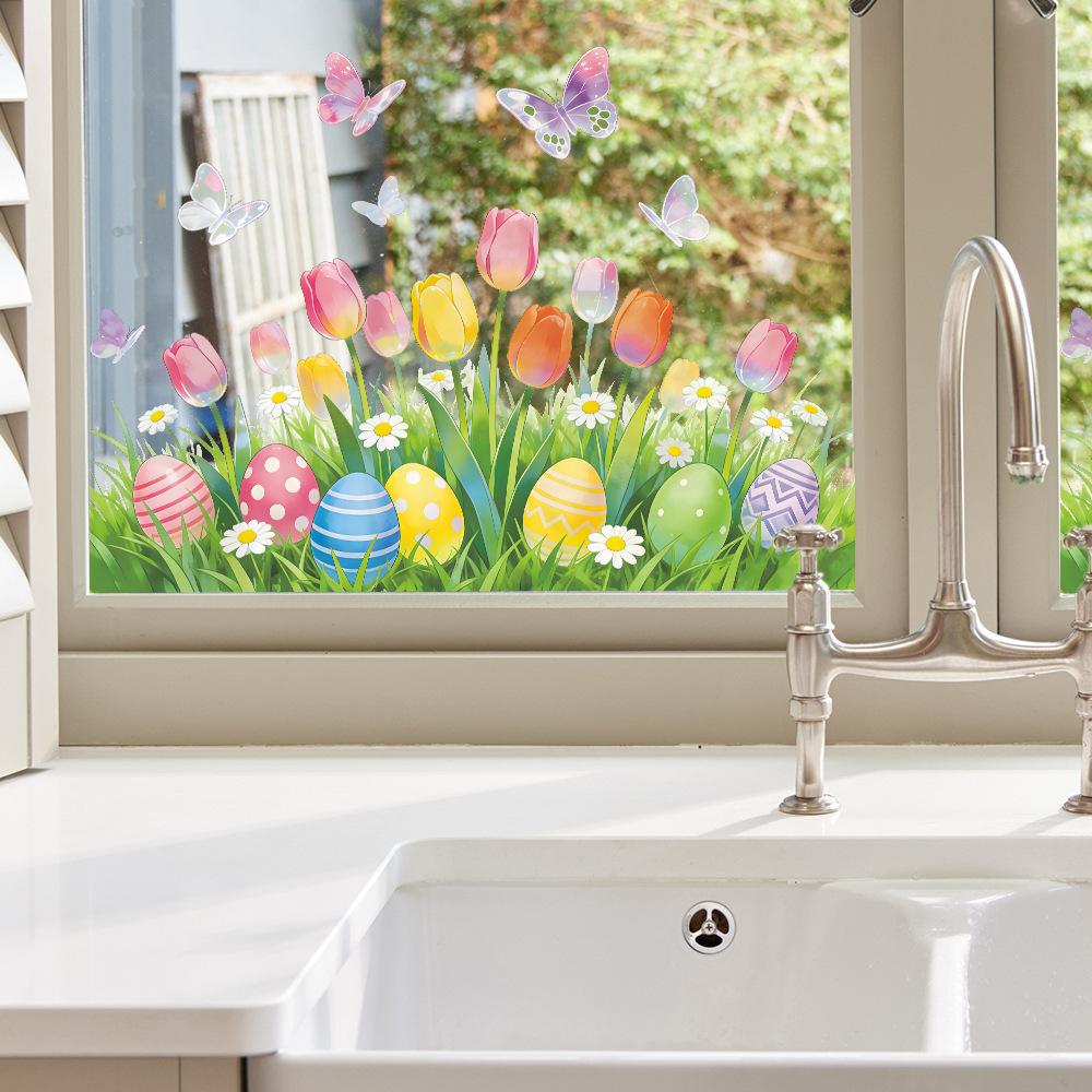 Easter Decorative Eggs Tulip Plant Wall Sticker Removable Eco Friendly PVC Waterproof Self Adhesive Window Sticker For Home Balcony Glass Decor