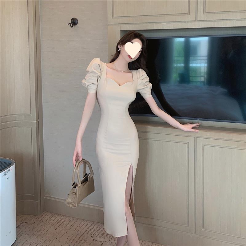 French-Style Knee-Length Skirt Dress for Women with Puff Sleeves and High Slit