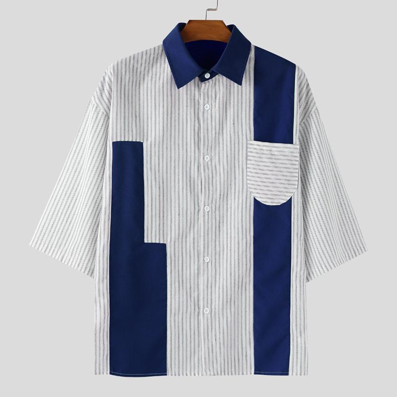 INCERUN Męskie koszule casualowe oversize z klapami, z krótkim rękawem, w paski, patchworkowe