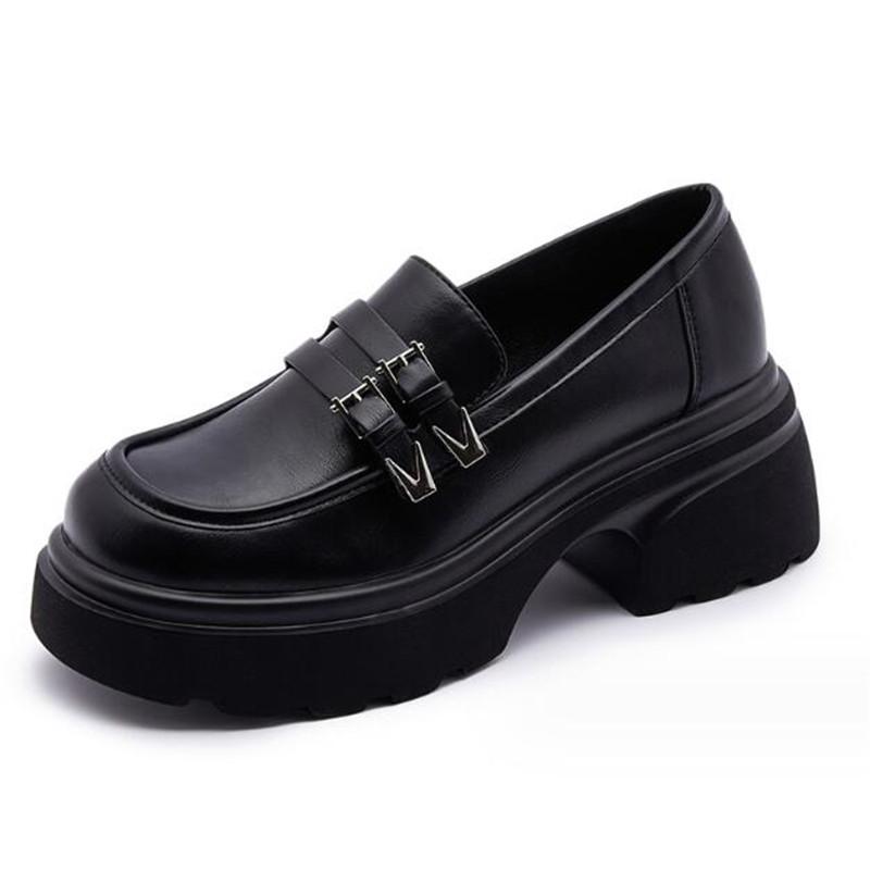 

New Thick-soled College Style Casual Loafers Black Genuine Leather Fashion Pumps Girls Heels Shoes Female Women British Style 40