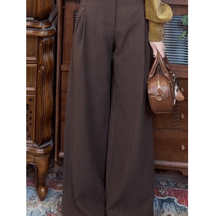 Women's Retro Brown High-Waist Wide-Leg Pants - Slimming, Versatile, Draping, Straight-Leg Style for Spring and Autumn