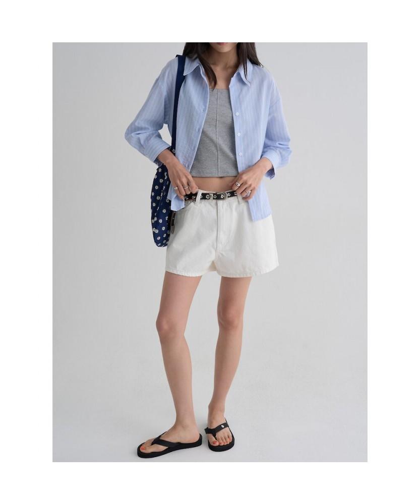 8SECONDS Striped Collared Neck Shirt Blouse Sky Blue