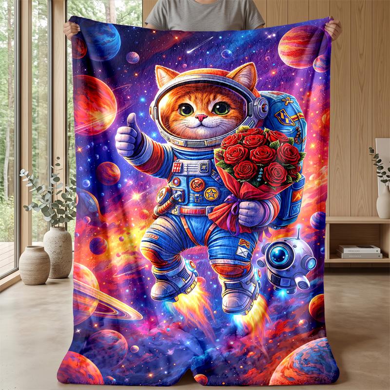 Cat Astronaut Space Journey blanket Personalized Name Flannel Blanket Soft Cozy Plush Throw for Sofa Bed Lightweight Home Decor