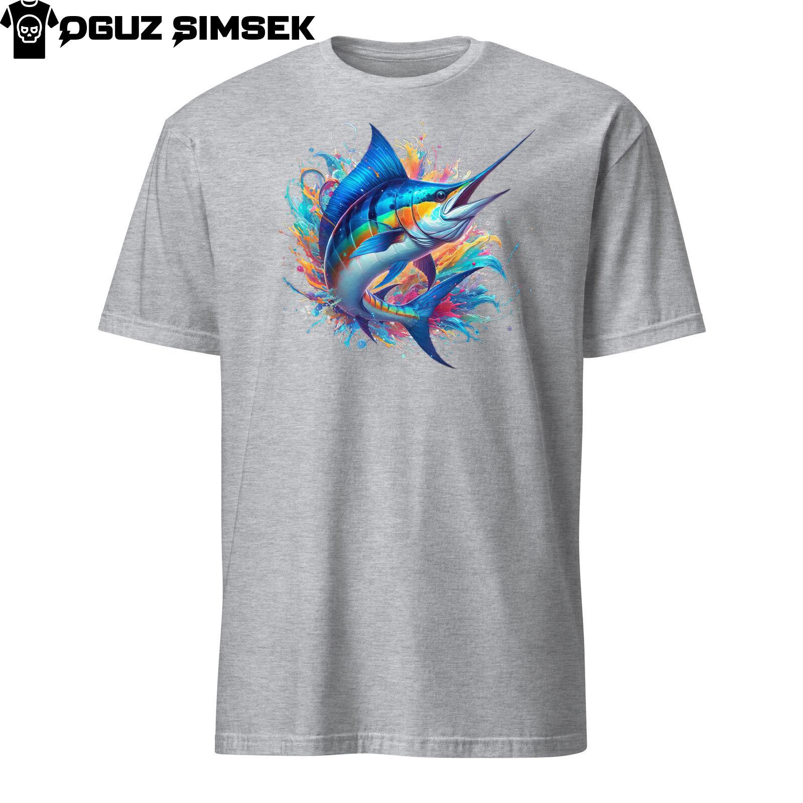 Colorful Blue Marlin Splash Unisex Short Sleeve T-Shirt Mens Womens Tees Top - Vibrant Fish Design 4XL