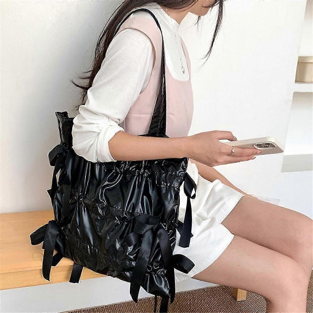 Korean Style Unique Pleated Shoulder Bag with Elegant Bows Nylon Handbag for Fashionable Women and Office Ladies  Silver