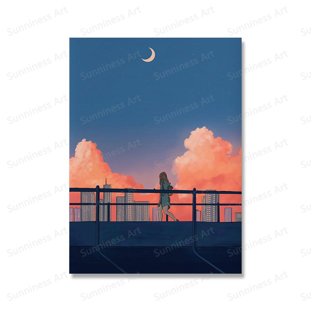 Comics Posters Kyoto City Walk Town Prints Cartoon Japan View Street Landscape Painting Wall Art Pictures for Living Room Decor