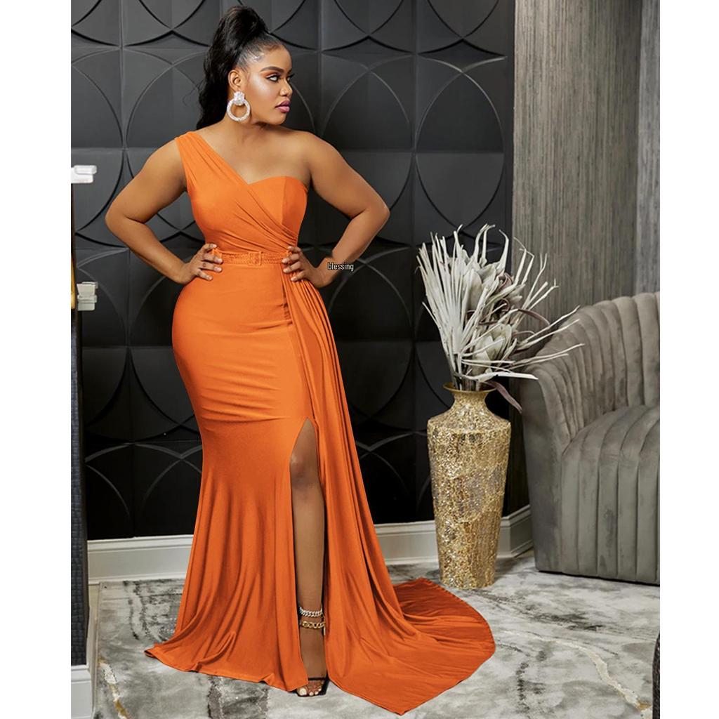 One-Shoulder Solid Color Fashion Bodycon Long Party Dress for Women