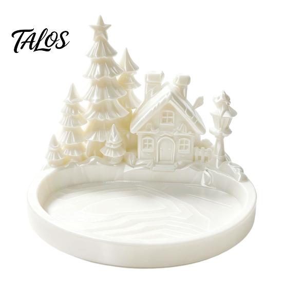 Christmas Jewelry Tray Winter Village Tray, 3D Printed Snow House Pine Tree Decorative Dish, Wonderland Desk Decor Mini Desktop Organizer for Key Ring