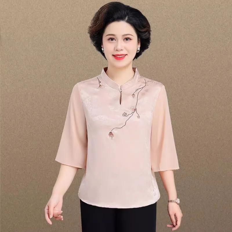 Sommer Neue Chinesische Stil Mittleren Alters Damen 3/4 Ärmel Bestickte Chiffon Bluse Elegantes Stehkragen Reißverschluss Oberteil