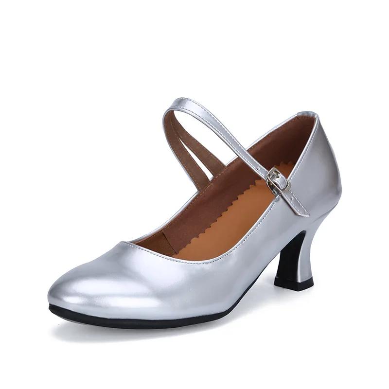 

Bright Leather Dance-Shoes for Woman Girls Ladies Latin Ballroom Modern Salsa Practise Dancing Shoes Closed Toe Soft Rubber Sole 34 серебряный
