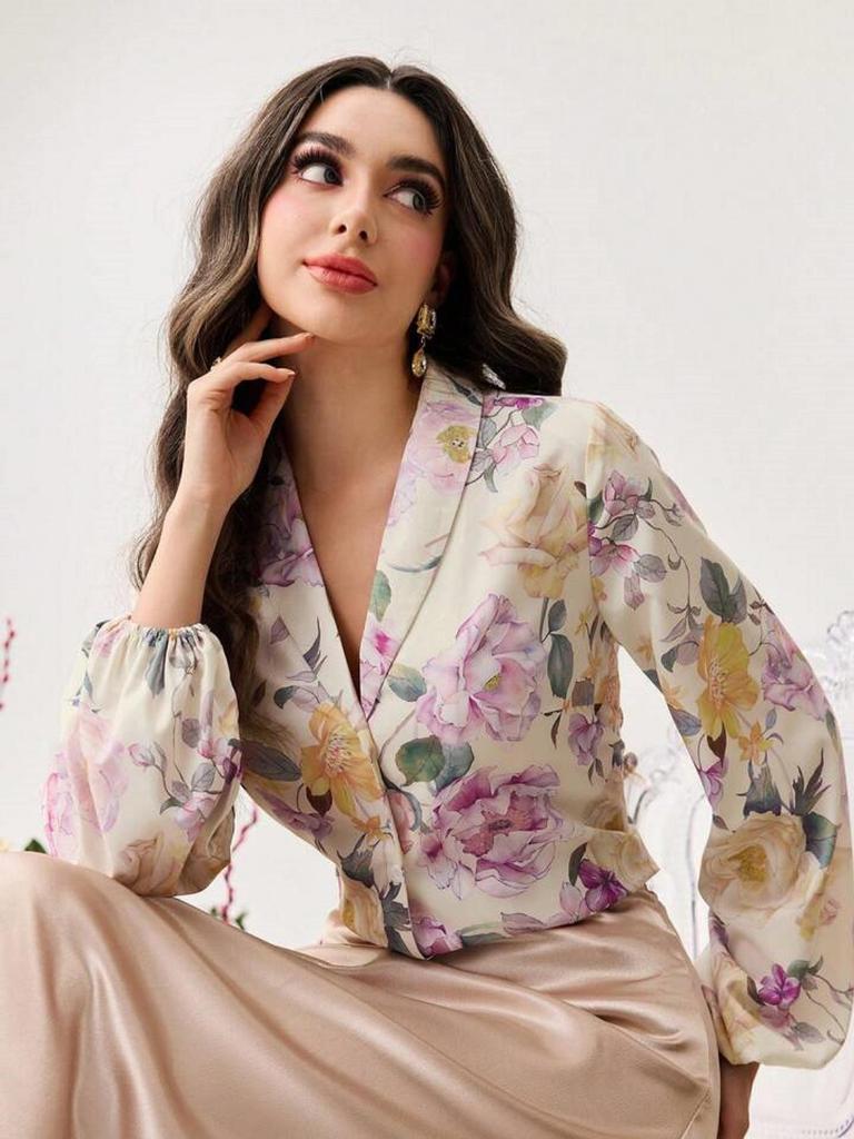 Chemise Femme Coupe Slim Manches Longues Imprimé Floral avec Nœud Papillon - Printemps/Été 2025