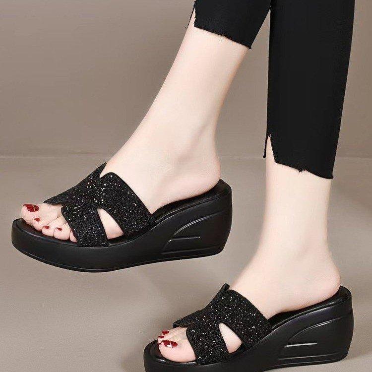 High-heeled soft leather thick bottom H half-mop summer outer wear muffin bottom one-word drag diamond mop slope and rhinestone sandals