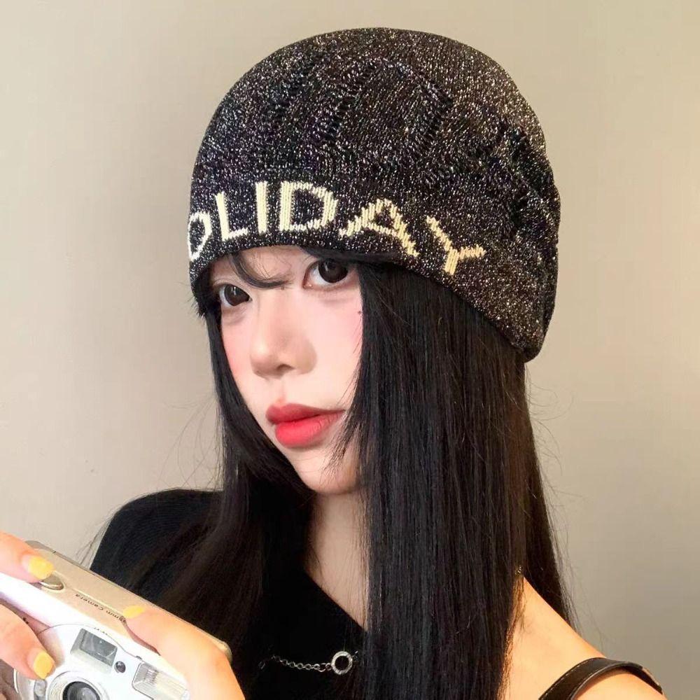 Vintage Letter Beanie Hat Hollow Knitted Pullover Hat Fashion Sequin Knitted Hat  Winter