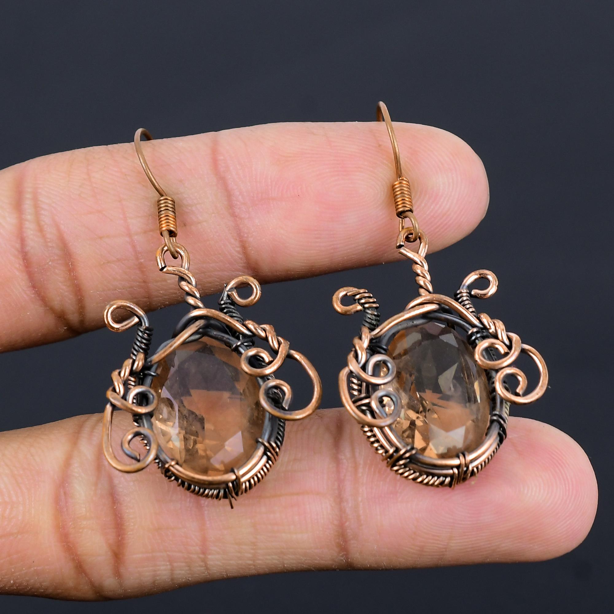 

Серьги с дымчатым топазом, ювелирные изделия с драгоценными камнями, серьги, обернутые медной проволокой 999 пробы, красивые серьги ручной работы 2.55 Inches