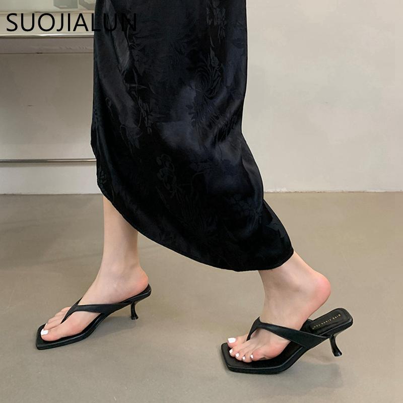 Fashion SUOJIALUN 2024 Summer New Women Slipper Fashion Narrow Band Ladies Thin High Heel Outdoor Dress Sandal Elegant Dress Flip Flops