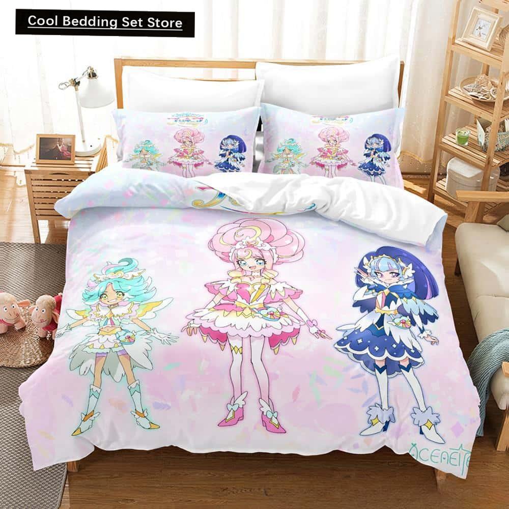 3D Kawaii Anime Hirogaru Sky! Pretty Cure Bettwäsche-Set, Einzelbett, Doppelbett, Queen-Size-Bett, King-Size-Bett, Erwachsenen- und Kinderschlafzimmer, Bettbezug-Sets
