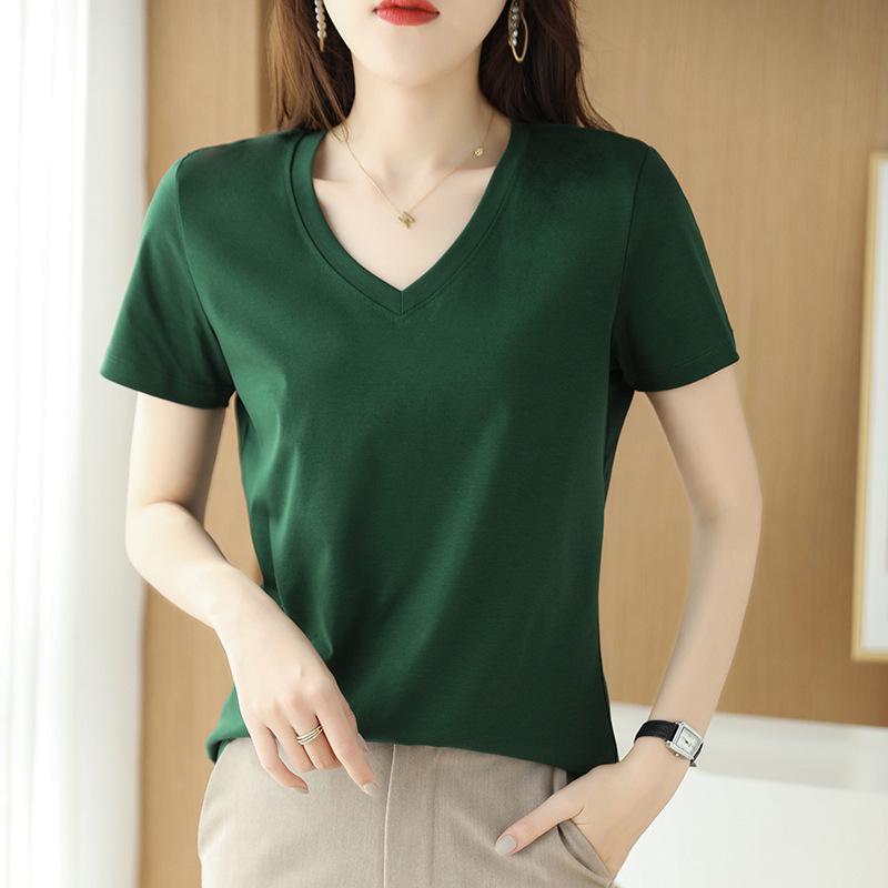 Women's V-Neck Mercerized Cotton Short-Sleeve T-Shirt - 2025 Summer Collection, Sweetheart Neckline