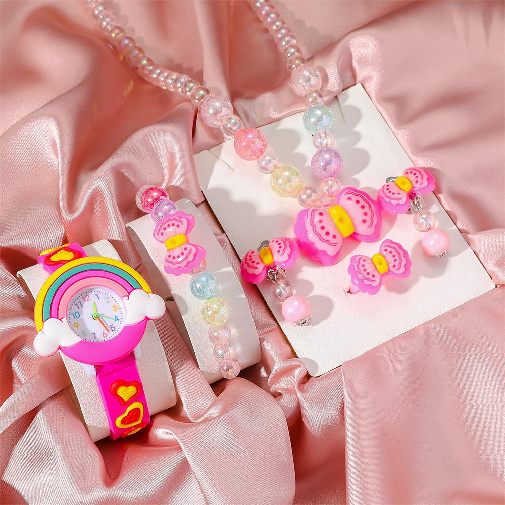 

Модные милые повседневные глупые часы из радужного кварца, универсальная система конфетных цветов, часы высокой ценности, универсальные, ювелирный набор из шести предметов ярко-розовый