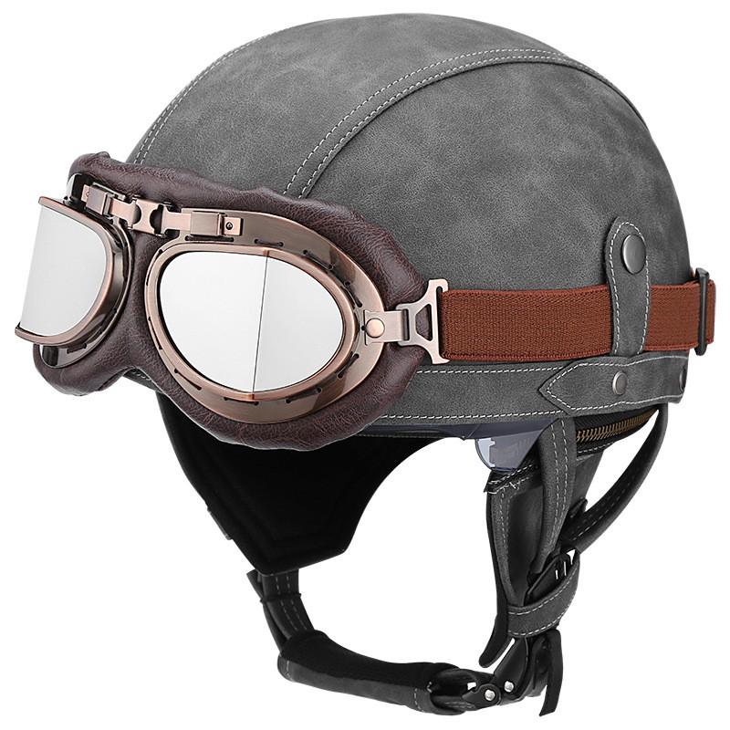 Retro Open Face Motorcycle Helmet Leather Cruiser Scooter Adult
