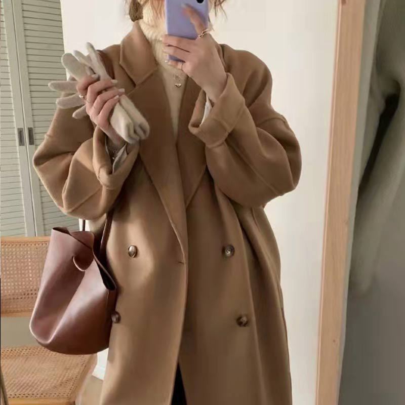 

2025 double-sided woolen coat women s medium and long autumn and winter new Hepburn style fashion cocoon woolen outside M верблюд