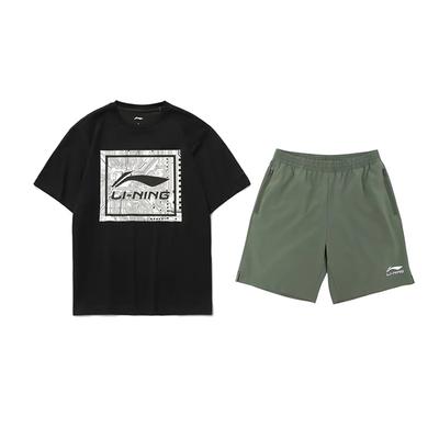 Li Ning Logo Lettre Imprimé Mode Confortable Col Rond Pull Manches Courtes Simple Short à Cordon Décontracté Costume de Sport AHSUA15-2+YKSV147-1