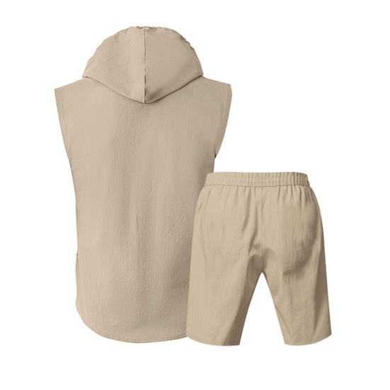 2Pcs/Set Men Summer Outfit Hooded Drawstring Sleeveless Shirt Adjustable Elastic Waistband Shorts Set Hiking Workout Casual Outfit