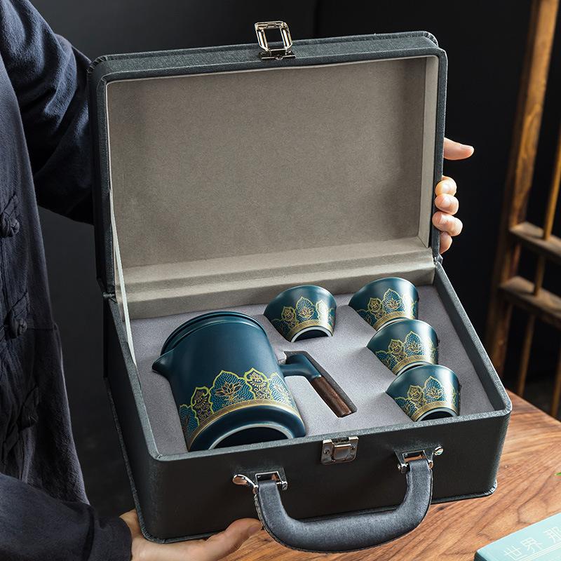 Portable ceramic one pot four cups travel tea set portable tea pot tea cup small set business gift express cup