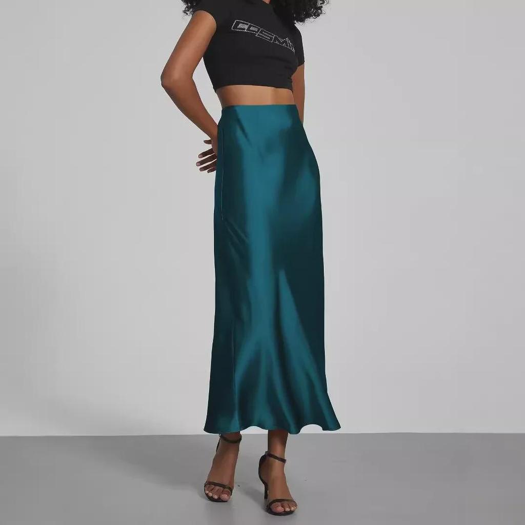 European & American Style Satin High-Waist Mid-Length Skirt - Glossy Solid Color