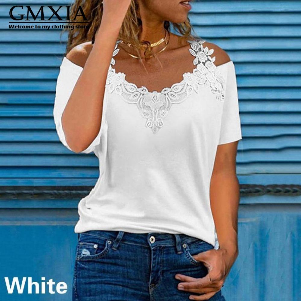 GMXIA Women's Fashion Casual Leisure Solid Color Print Short Sleeve V Neck Blouses & Shirts