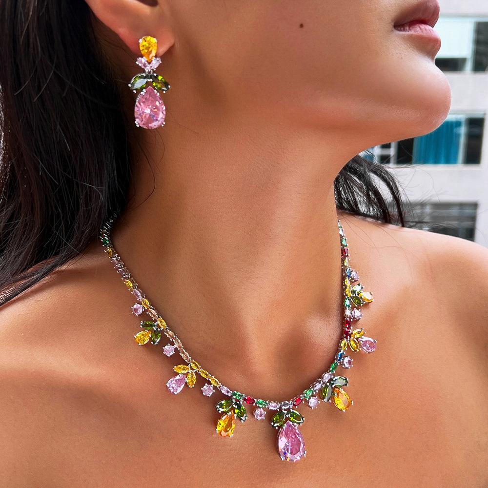 Heavy Industry Rainbow Necklace Earrings Set Dinner Dress Wedding Accessories Color Zircon Bridal Set Chain