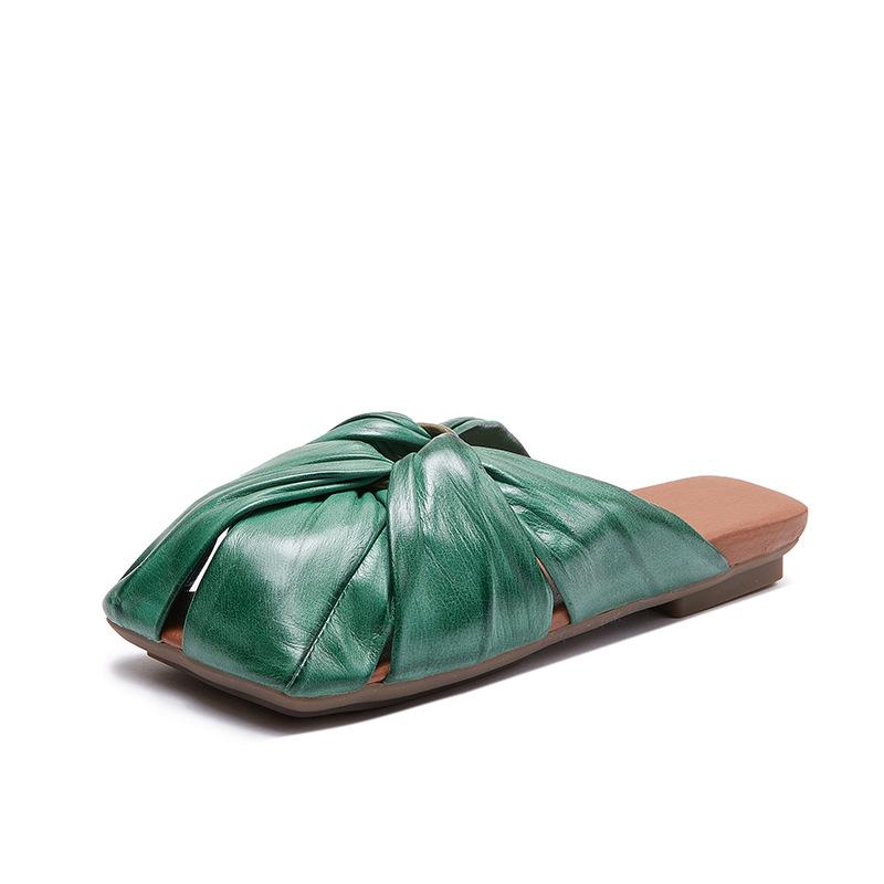 Square-toed Hollowed-out Pleated Shoes Semi-flip-flops with Metal Buckles and Toe Caps Women's Summer Flip-flops