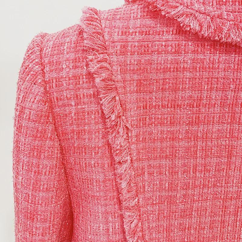 2025 Autumn/Winter European & American Fashion Pink Tweed Wool Jacket with Beaded Badge