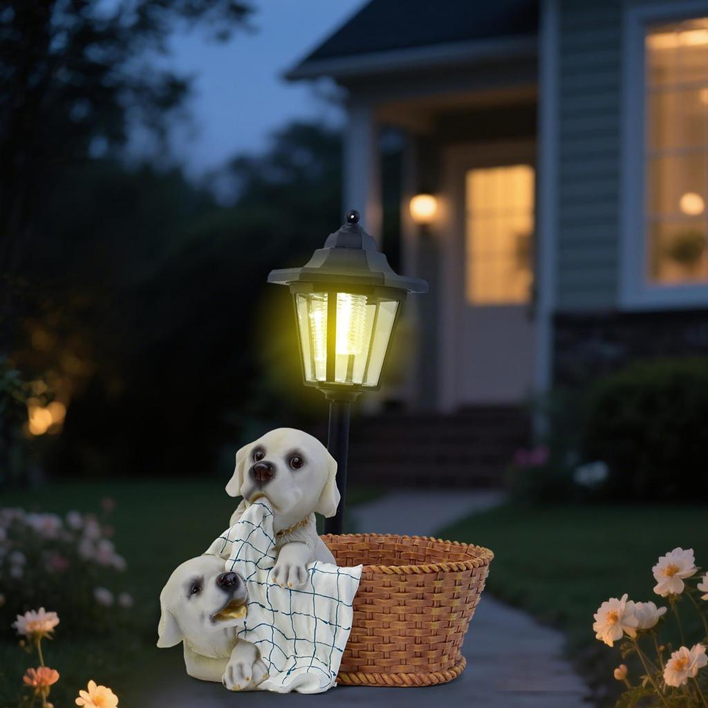 Buiten Zonne-energie Licht Boerderij Honden Lantaarn Beeldje Cartoon Sculptuur Hars Beeld Tuindecoratie voor