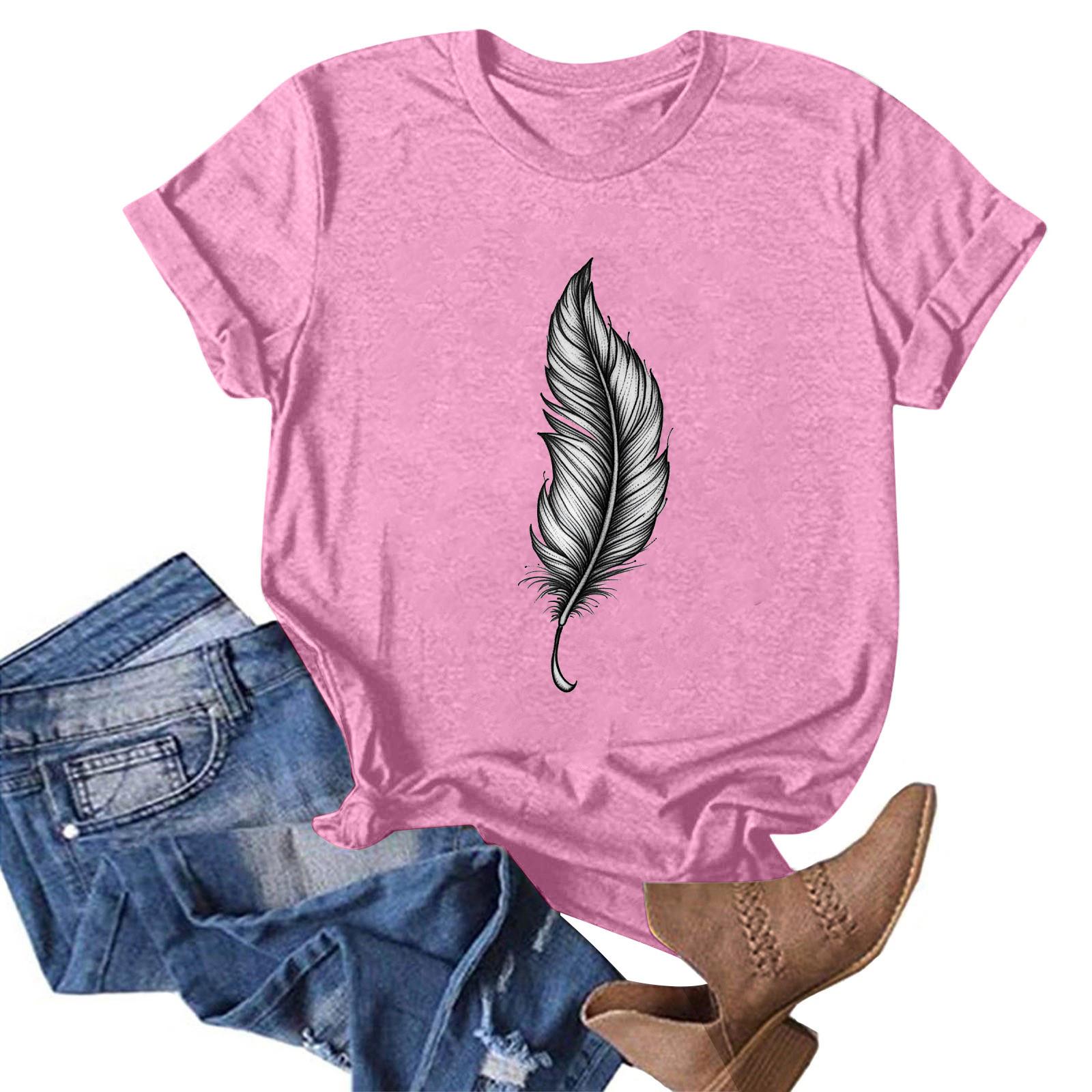 

Женская модная повседневная футболка с круглым вырезом и принтом, пуловер с короткими рукавами, топ L розовый