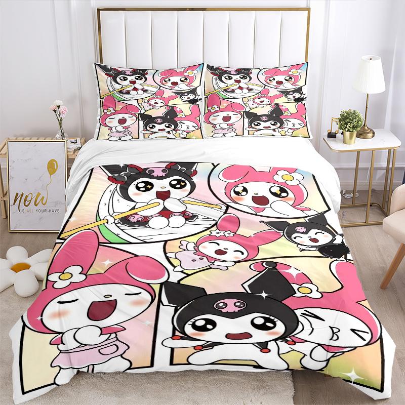 3pcs Kuromi & My Melody Sanrio Bedding Set, Including 1 Quilt Cover and 2 Pillow Shams, Without Filling, Soft and Comfortable Home Bedroom W050