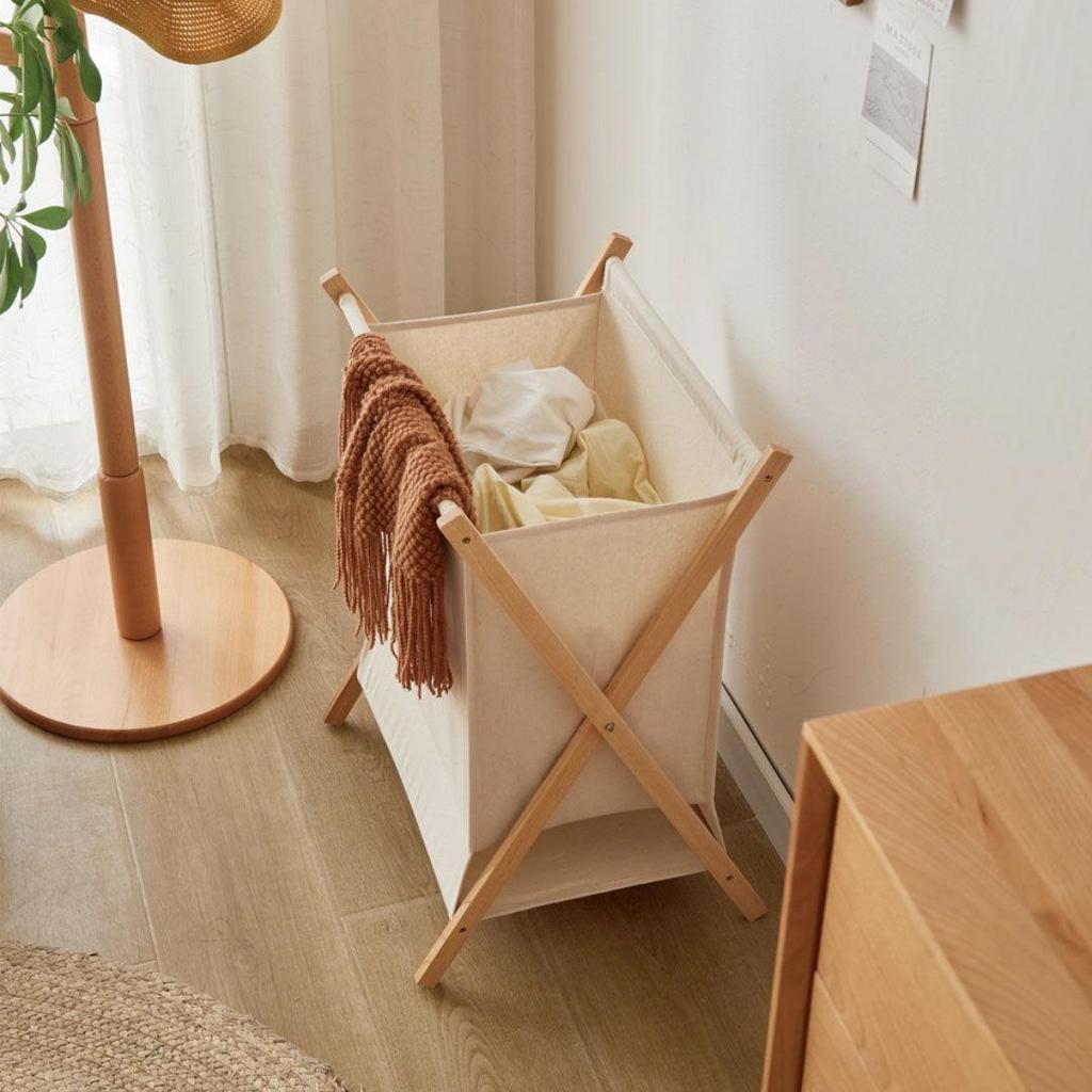 Cesto Portabiancheria Pieghevole in Legno e Rattan in Stile Nordico e Giapponese