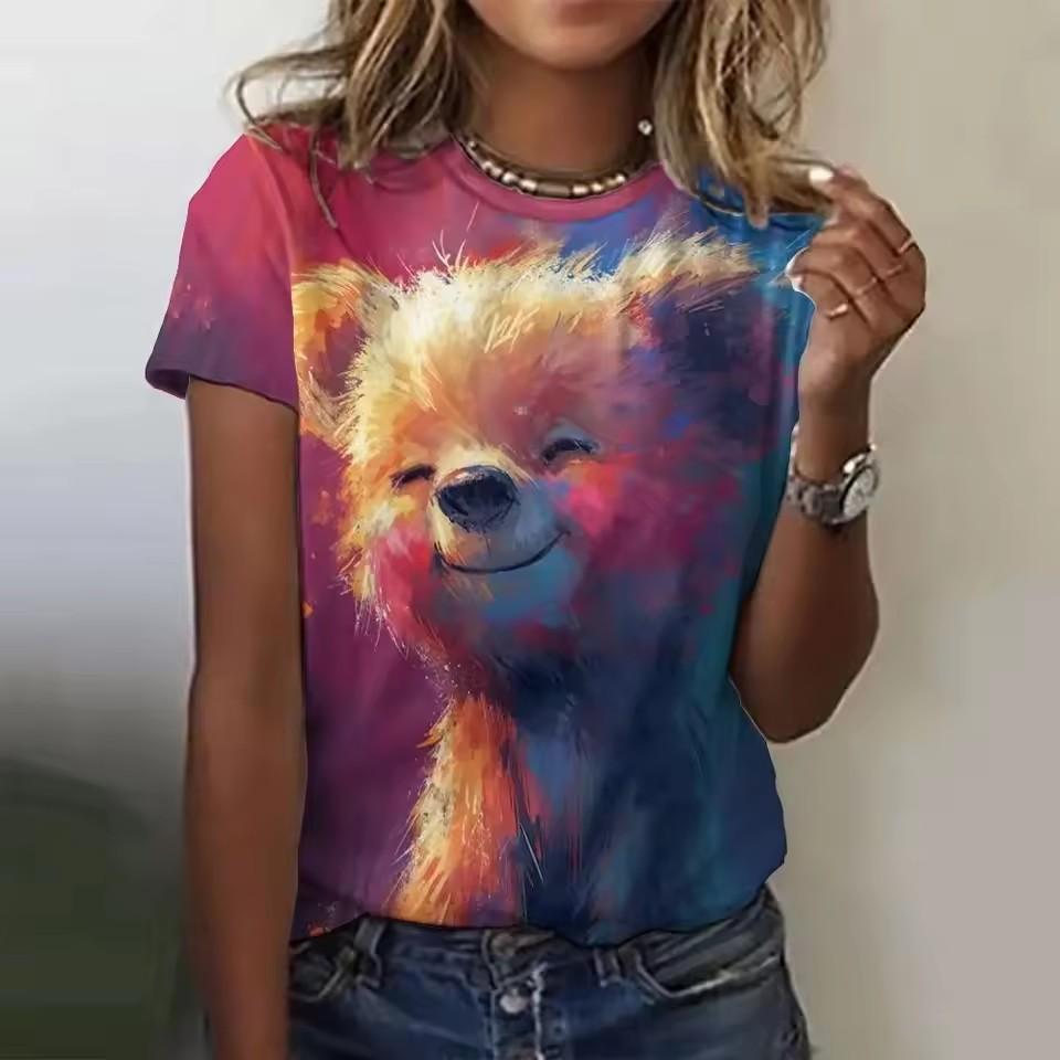 Women's T Shirt Cat Casual Short Sleeve Round Neck Regular Tops Daily Print Rainbow Summer