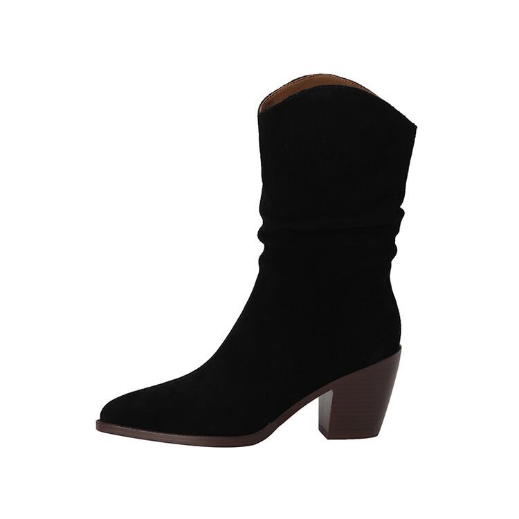 Fashion 2025 Autumn Cow Suede Women Boots Pointed Toe Chunky Heels Boots for Women Winter Boots Mid-calf Boots High Heels Zapatos Mujer