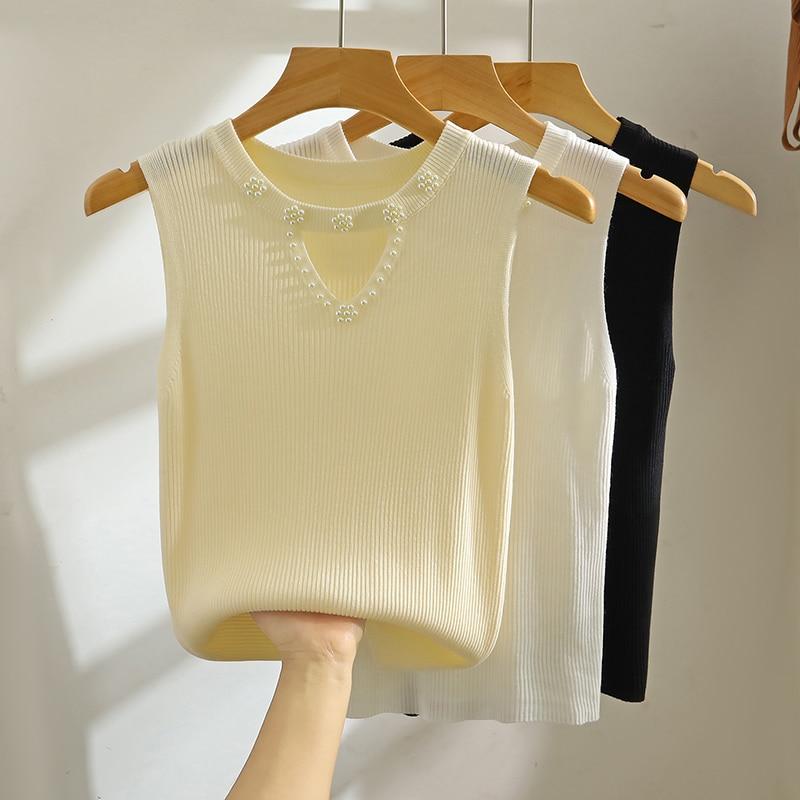 Letní pletená košile z korálků bez rukávů Dámská 2023 Ledová hedvábná tílka Žena Neformální Kancelář Dámská Halenka Slim Vest 27226